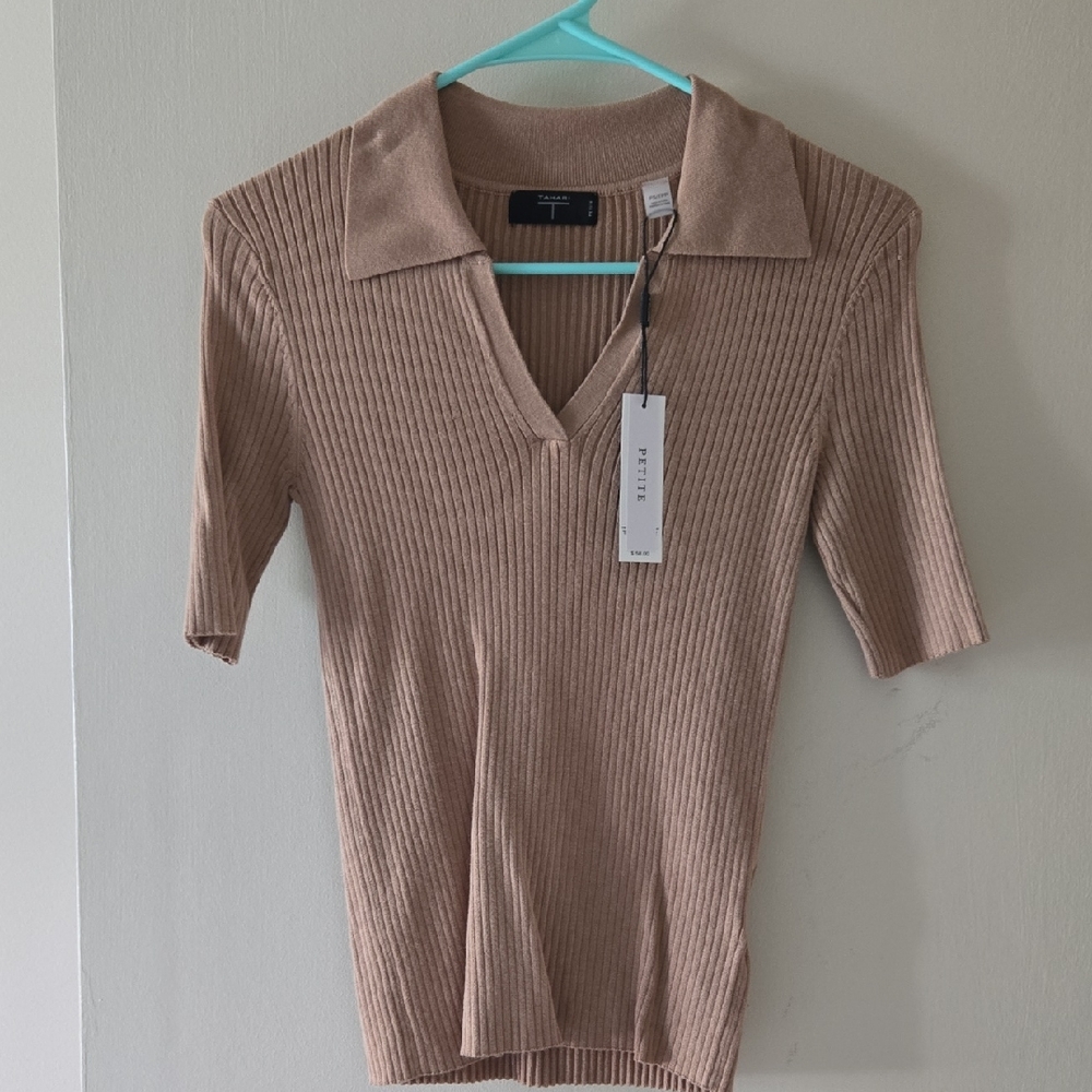 Tahari Petite Ribbed V-Neck Polo Top - Taupe PP